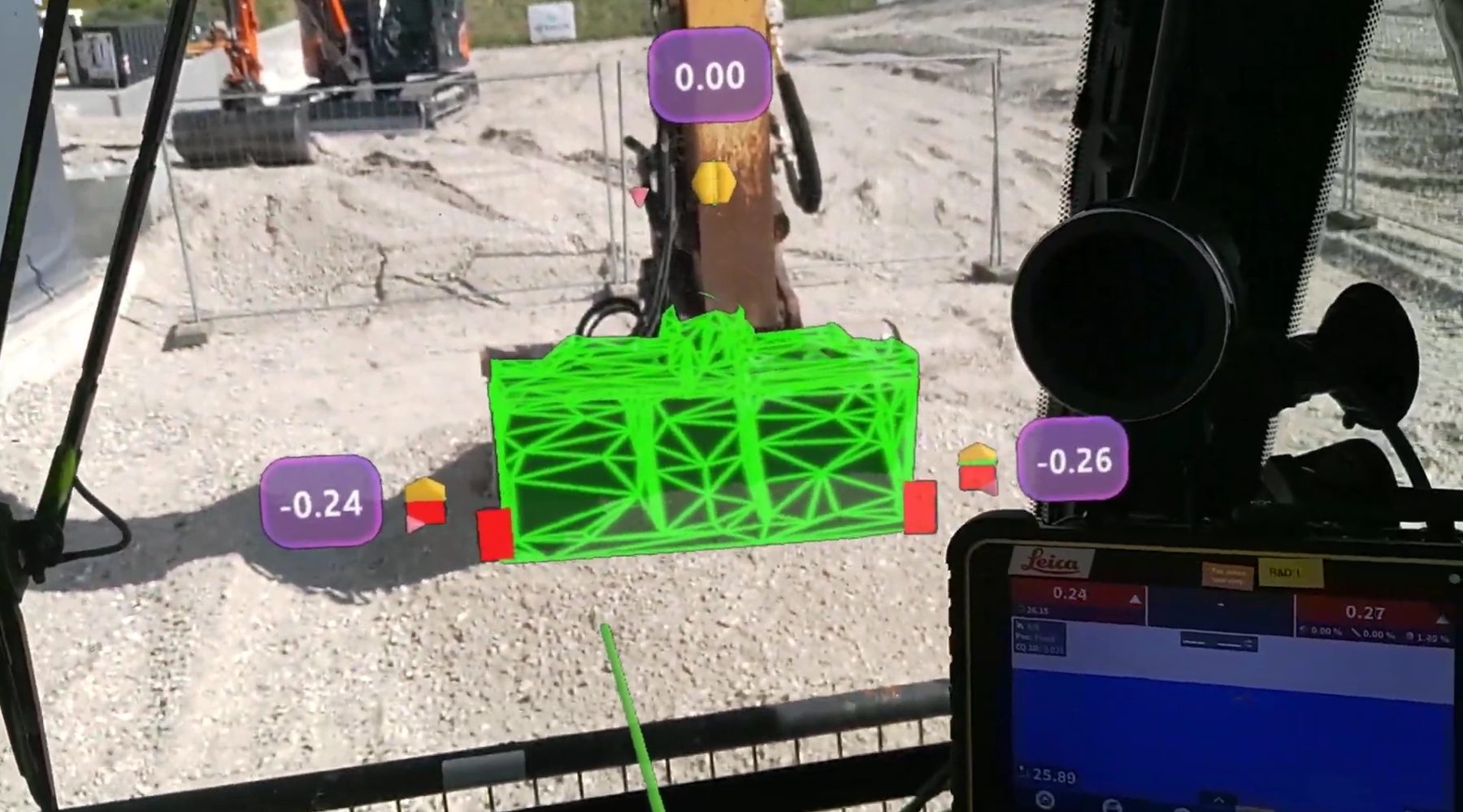 AR overlay of the design surface seen through HoloLens 2 from the excavator cab